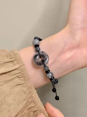 สร้อยข้อมือ เชือกถัก ลูกปัดไม้ไผ่ สไตล์จีนวินเทจ สีดํา