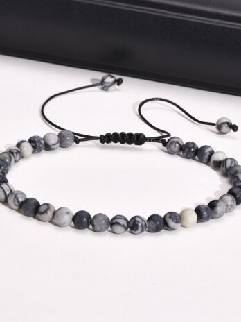 สร้อยข้อมือหินภูเขาไฟธรรมชาติ หินแผนที่หินอ่อน สีดํา